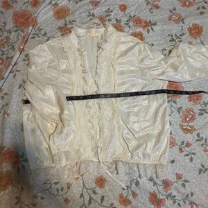 Vintage cream lace trim blouse with ruffle neckline  finish size medium